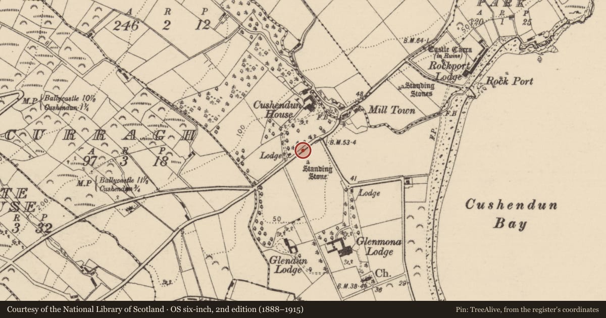 Ordnance Survey six-inch map, 2nd edition (1888–1915) covering the location of Former Gate Lodge, Cushendun, Causeway Coast and Glens, with a pin at the register's coordinates