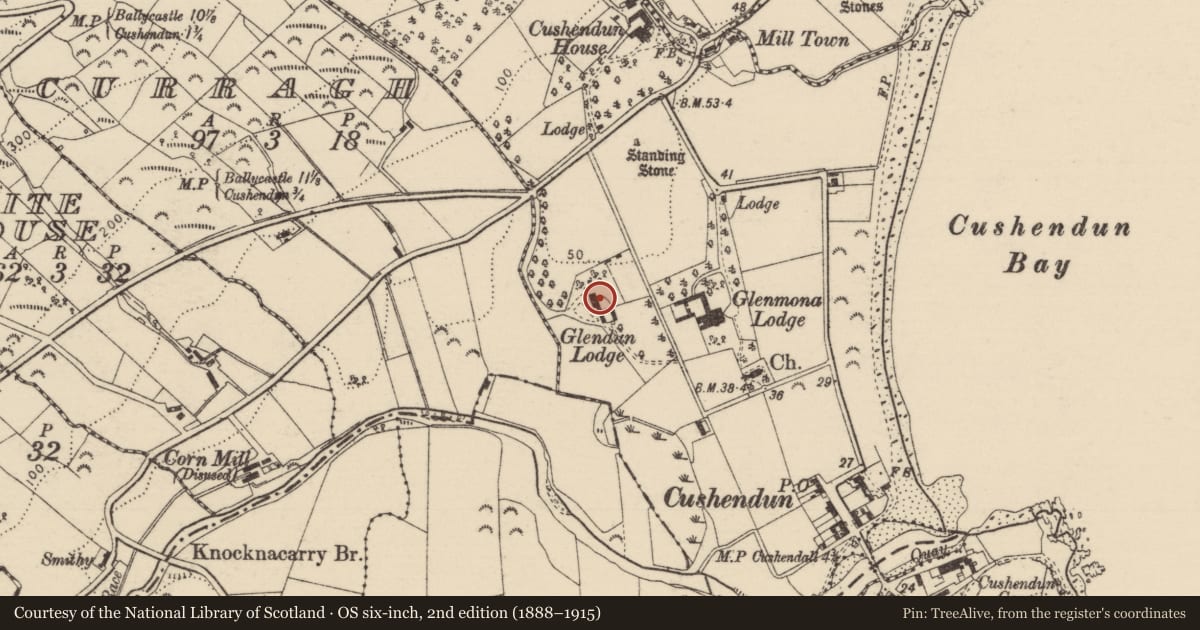 Ordnance Survey six-inch map, 2nd edition (1888–1915) covering the location of Glendun Lodge, Causeway Coast and Glens, with a pin at the register's coordinates