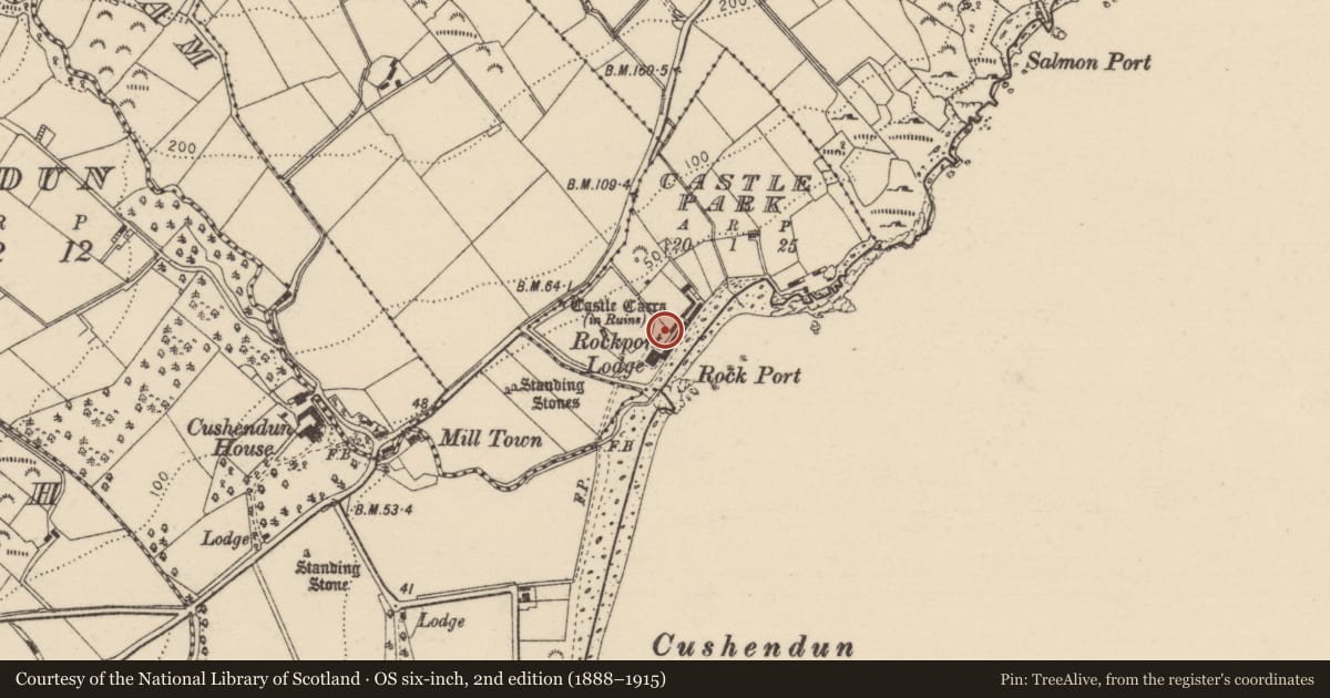 Ordnance Survey six-inch map, 2nd edition (1888–1915) covering the location of Rockport Lodge, Gates And Railings, Causeway Coast and Glens, with a pin at the register's coordinates