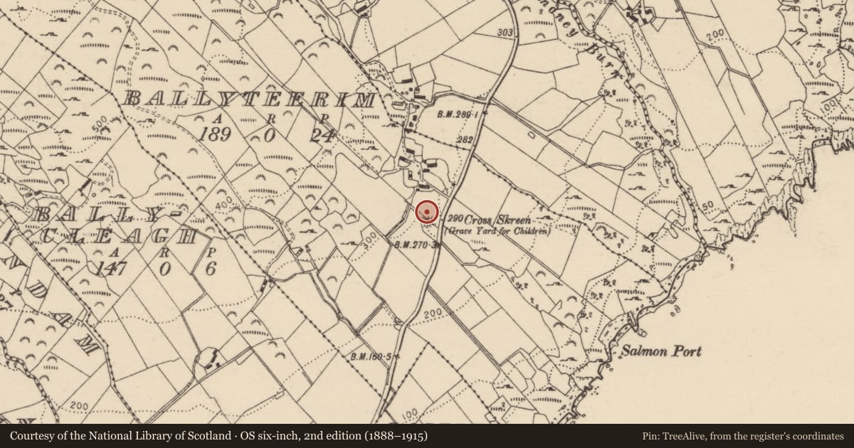 Ordnance Survey six-inch map, 2nd edition (1888–1915) covering the location of Cross Skreen, Causeway Coast and Glens, with a pin at the register's coordinates