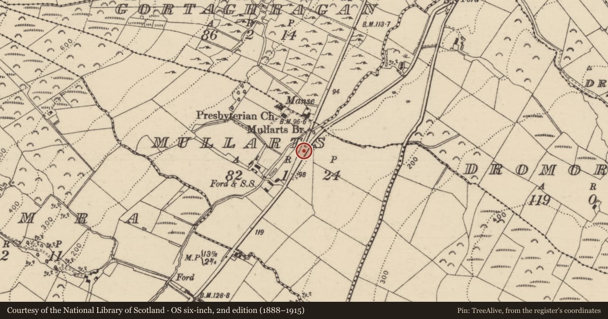Ordnance Survey six-inch map, 2nd edition (1888–1915) covering the location of 116 Tromra Road, Gortaghragan, Causeway Coast and Glens, with a pin at the register's coordinates