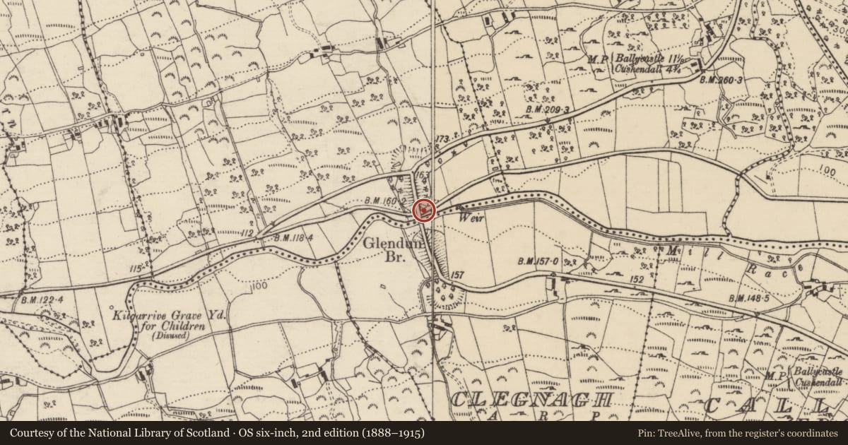 Ordnance Survey six-inch map, 2nd edition (1888–1915) covering the location of Glendun Viaduct, Causeway Coast and Glens, with a pin at the register's coordinates