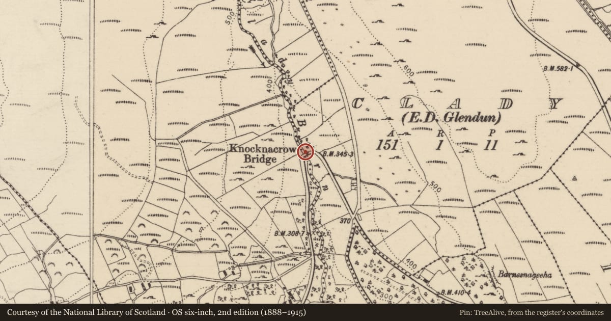 Ordnance Survey six-inch map, 2nd edition (1888–1915) covering the location of Knocknacrow Bridge, Causeway Coast and Glens, with a pin at the register's coordinates
