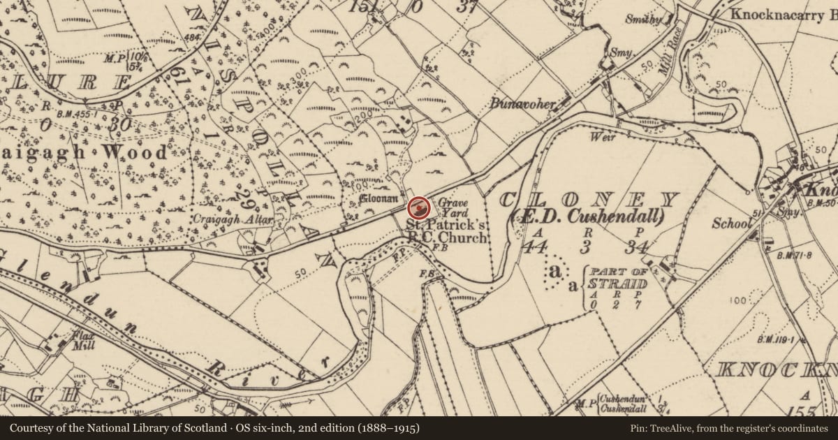 Ordnance Survey six-inch map, 2nd edition (1888–1915) covering the location of St. Patrick'S R C CHURCH, Ardicoan, Causeway Coast and Glens, with a pin at the register's coordinates