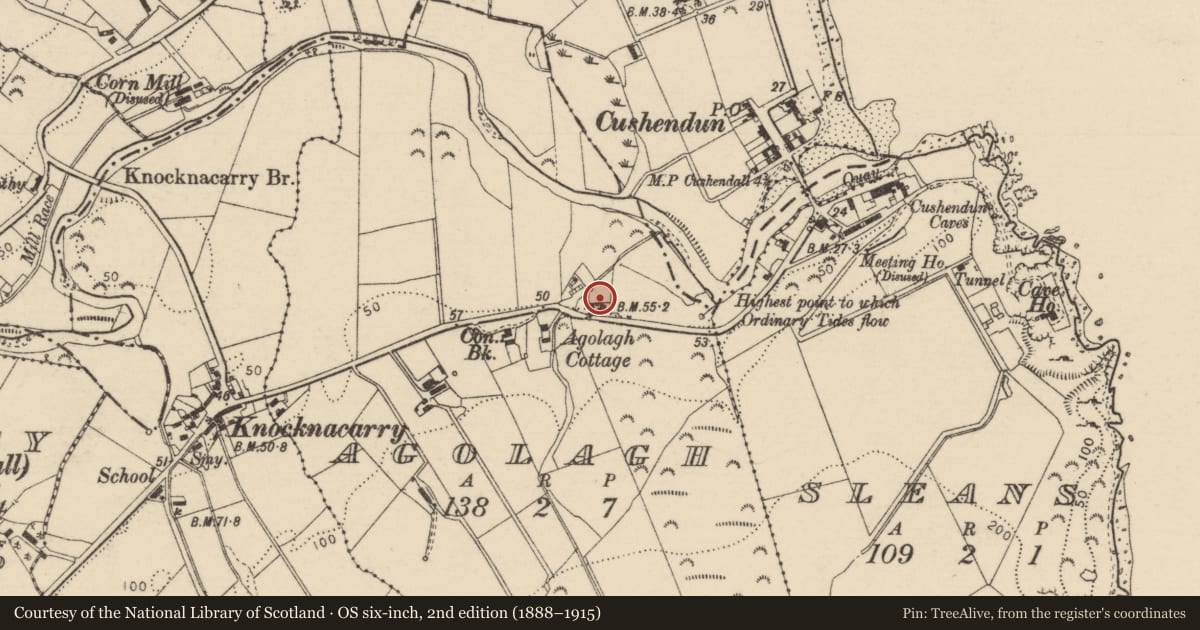 Ordnance Survey six-inch map, 2nd edition (1888–1915) covering the location of Agolagh House, Causeway Coast and Glens, with a pin at the register's coordinates