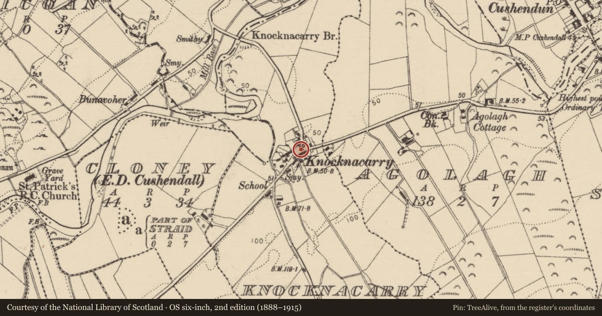 Ordnance Survey six-inch map, 2nd edition (1888–1915) covering the location of 67/69 Main Street, Causeway Coast and Glens, with a pin at the register's coordinates