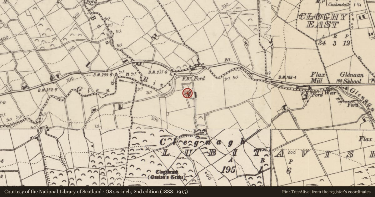 Ordnance Survey six-inch map, 2nd edition (1888–1915) covering the location of ‘McCloey’s Cottage’, Causeway Coast and Glens, with a pin at the register's coordinates