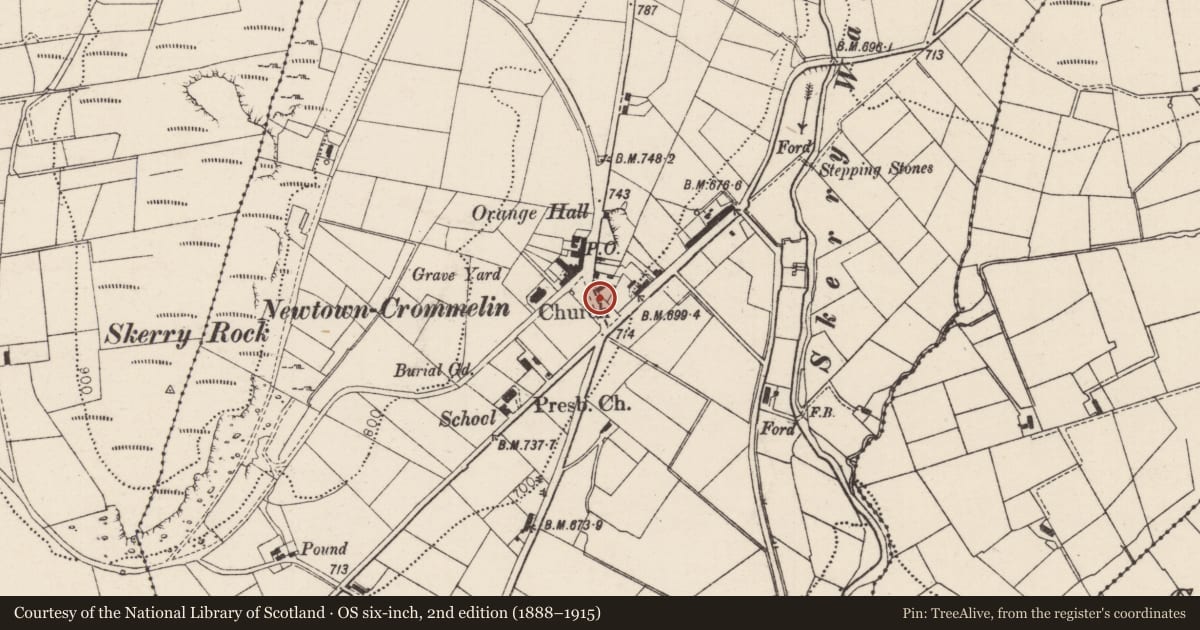 Ordnance Survey six-inch map, 2nd edition (1888–1915) covering the location of Pump on the Cushendun Road, Tavnaghan, Mid and East Antrim, with a pin at the register's coordinates