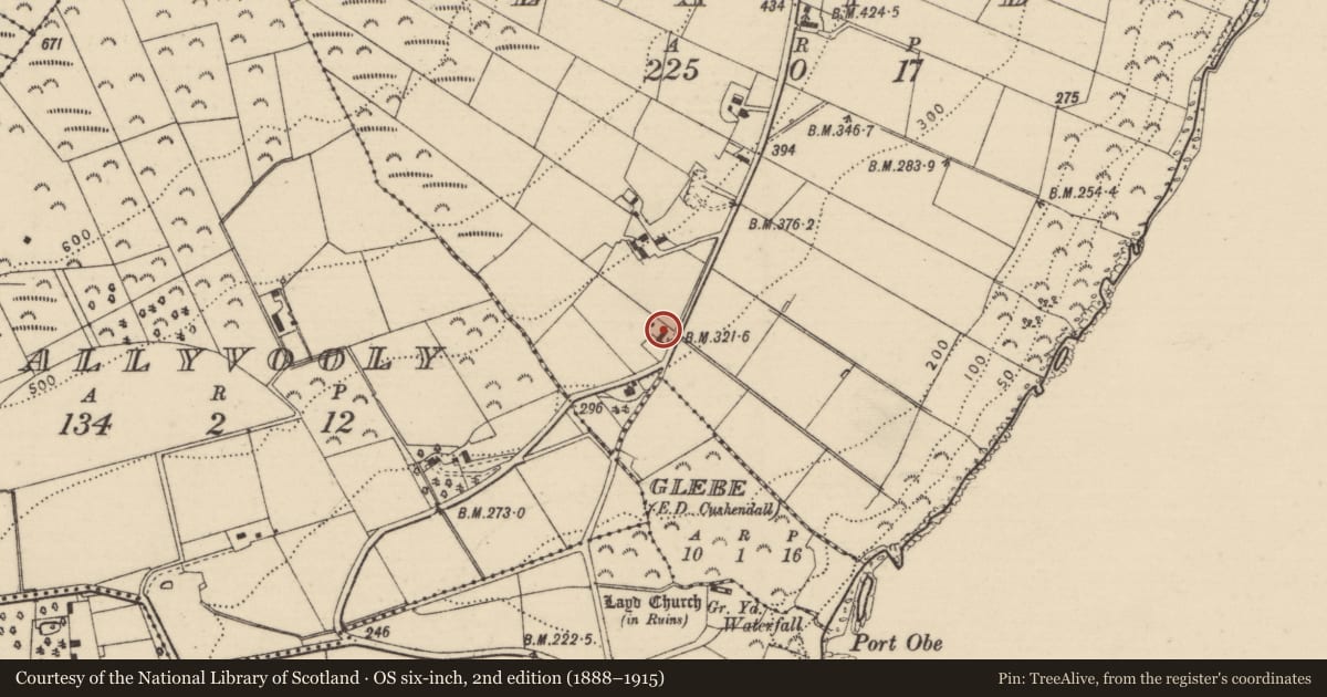 Ordnance Survey six-inch map, 2nd edition (1888–1915) covering the location of 76 Layde Road, Causeway Coast and Glens, with a pin at the register's coordinates