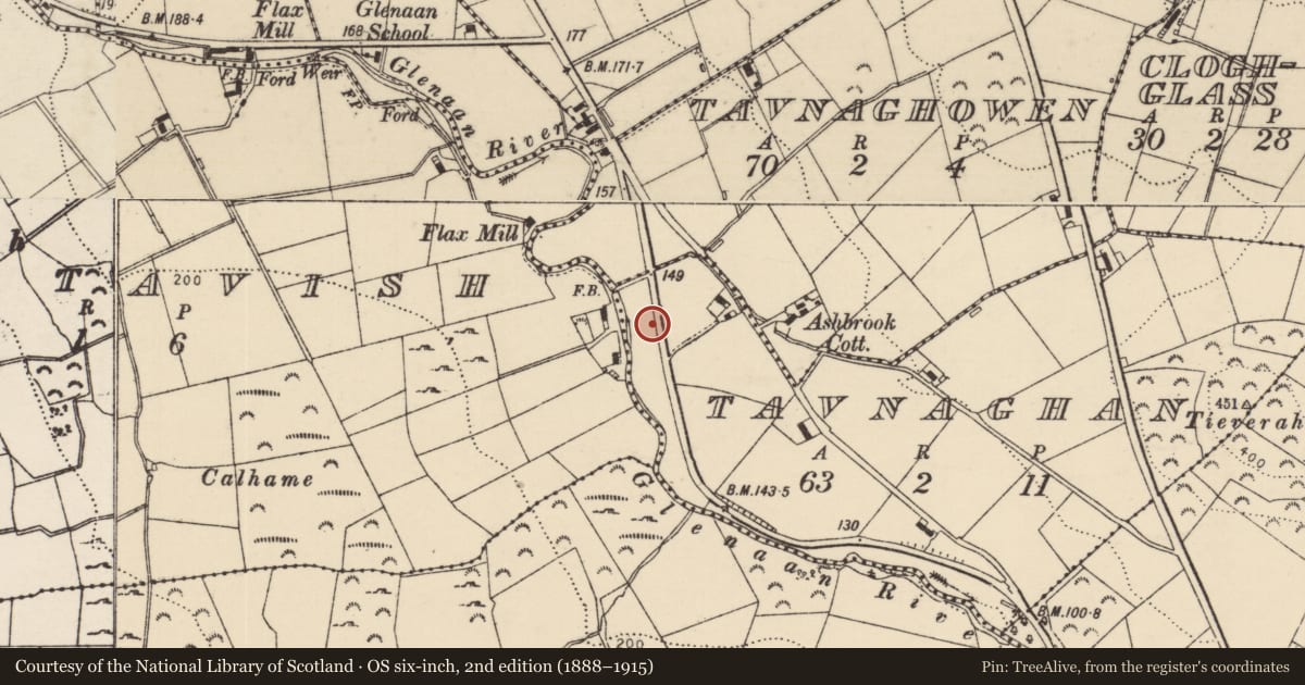 Ordnance Survey six-inch map, 2nd edition (1888–1915) covering the location of Water pump, Tavnaghan, Causeway Coast and Glens, with a pin at the register's coordinates
