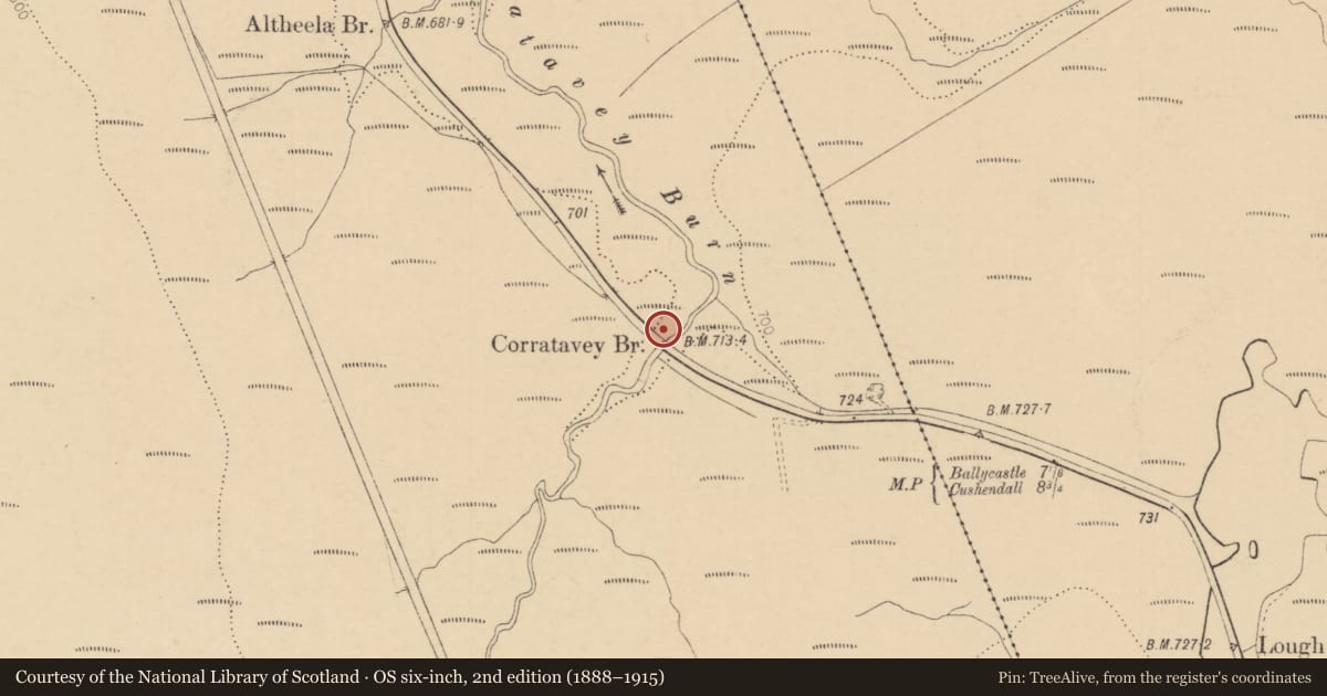 Ordnance Survey six-inch map, 2nd edition (1888–1915) covering the location of Corratavey Bridge, Ballypatrick, Causeway Coast and Glens, with a pin at the register's coordinates