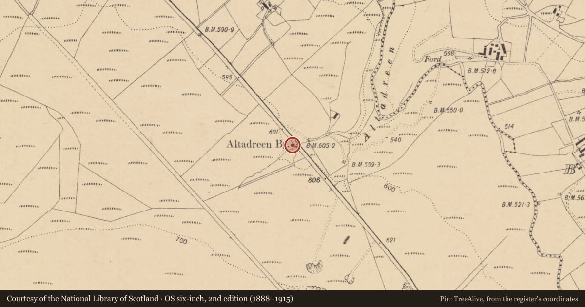 Ordnance Survey six-inch map, 2nd edition (1888–1915) covering the location of Altadreen Bridge, Ballypatrick, Causeway Coast and Glens, with a pin at the register's coordinates