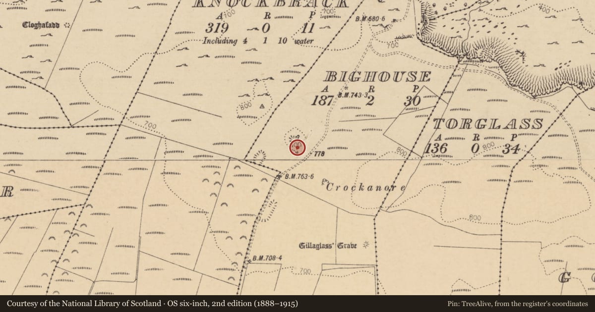 Ordnance Survey six-inch map, 2nd edition (1888–1915) covering the location of Lime Kiln, Bighouse, Causeway Coast and Glens, with a pin at the register's coordinates