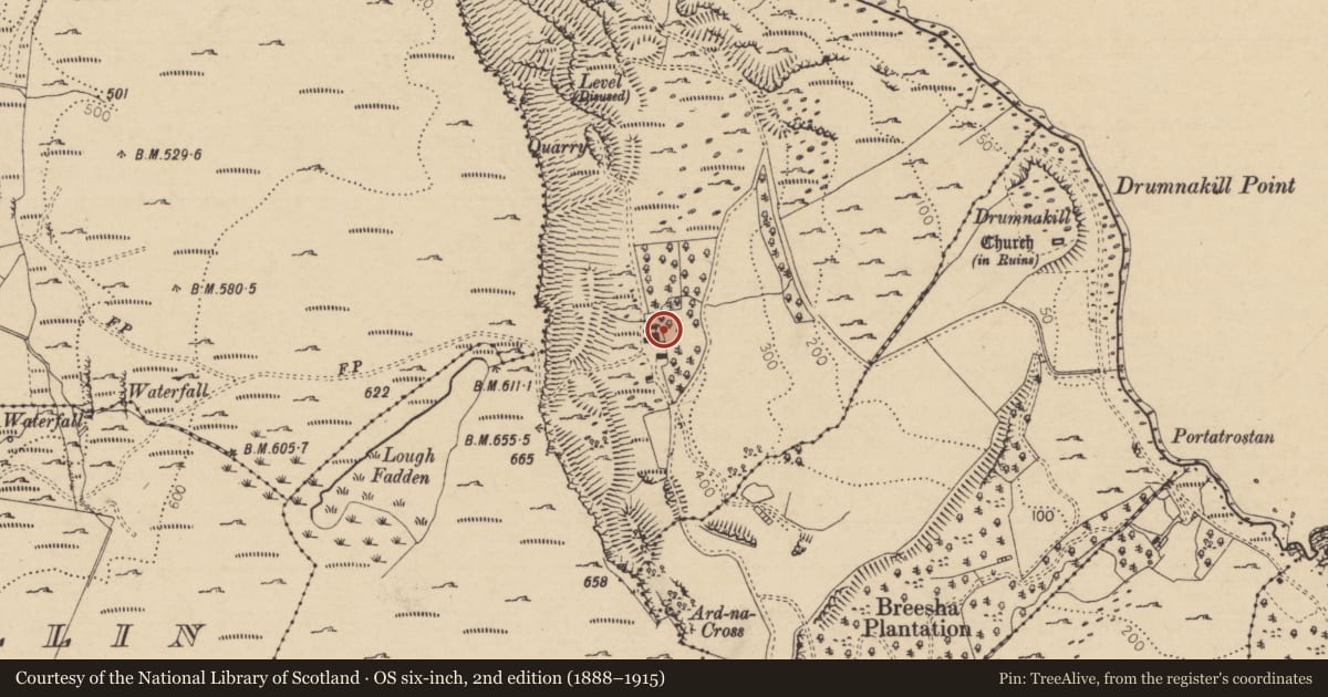 Ordnance Survey six-inch map, 2nd edition (1888–1915) covering the location of 10 Murlough Road, Knockbrack, Causeway Coast and Glens, with a pin at the register's coordinates