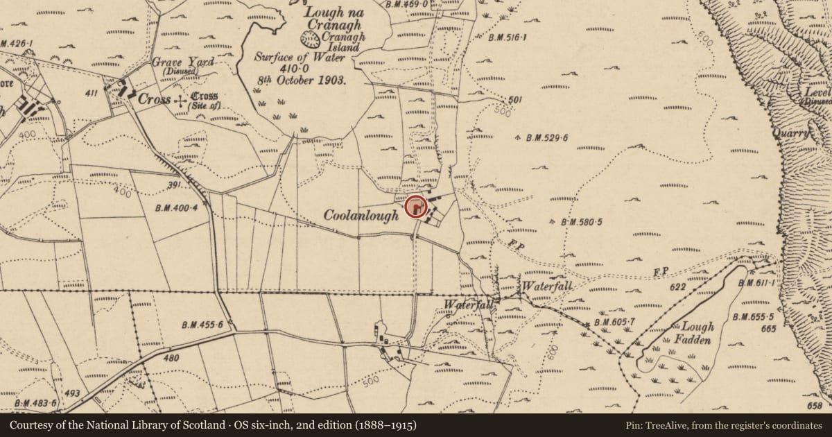 Ordnance Survey six-inch map, 2nd edition (1888–1915) covering the location of 38 Fairhead Road, Cross, Causeway Coast and Glens, with a pin at the register's coordinates