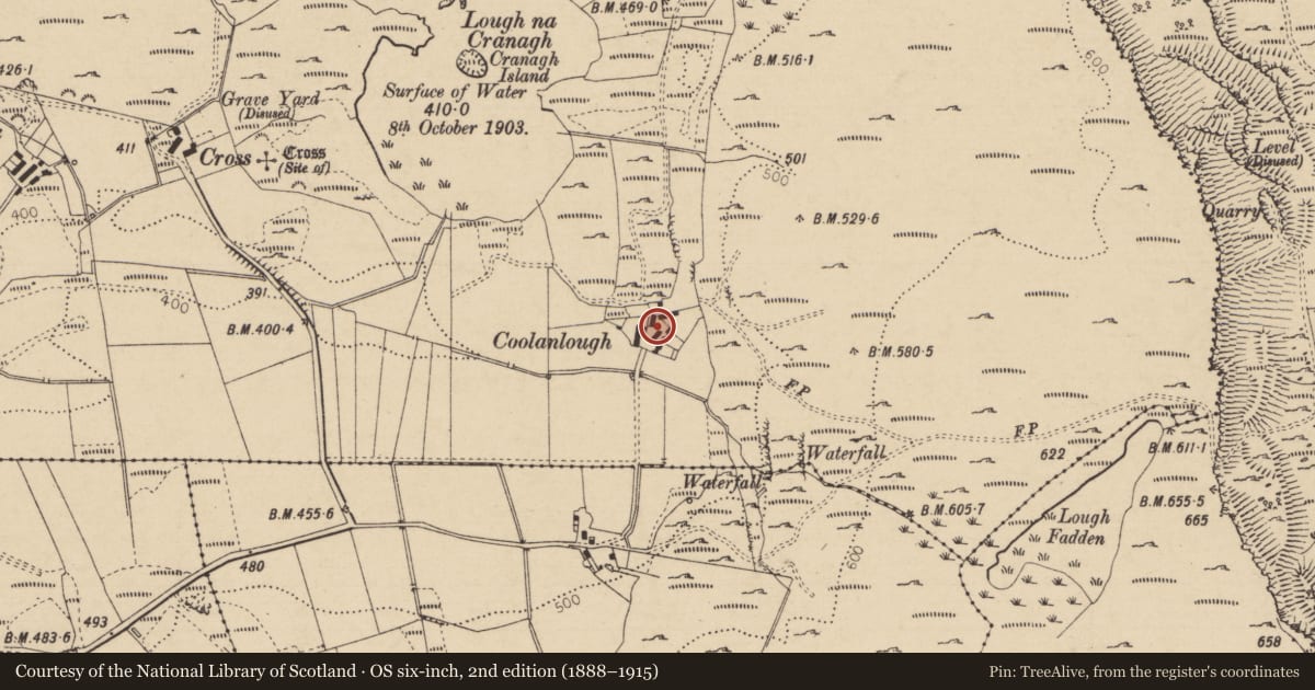 Ordnance Survey six-inch map, 2nd edition (1888–1915) covering the location of 39 Fairhead Road, Cross, Causeway Coast and Glens, with a pin at the register's coordinates