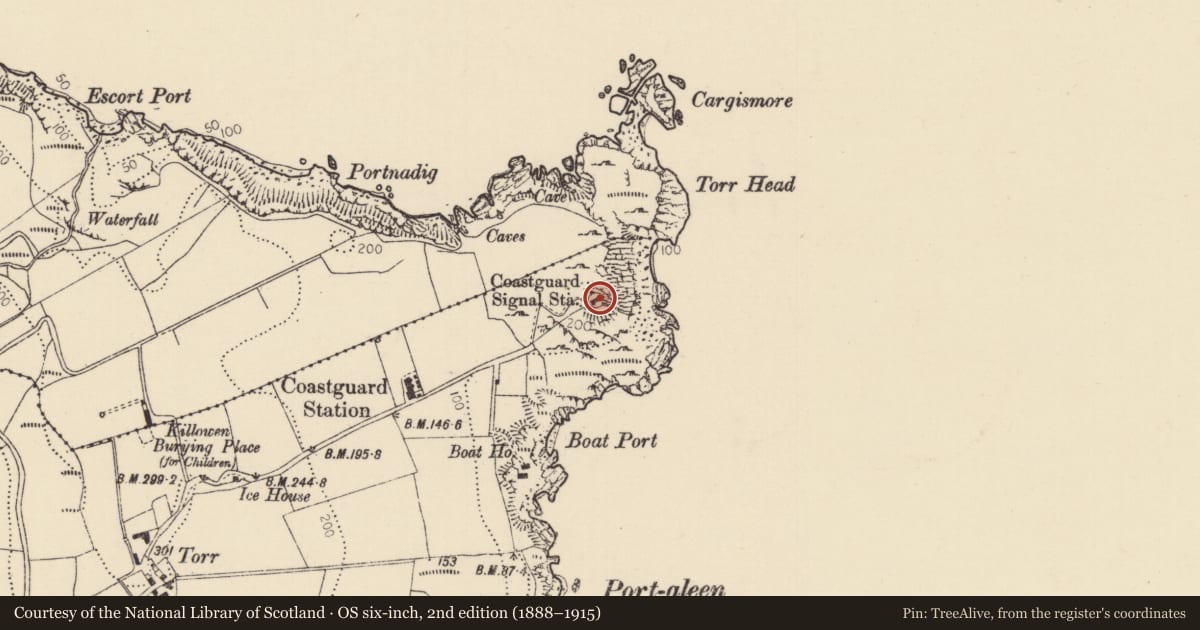 Ordnance Survey six-inch map, 2nd edition (1888–1915) covering the location of Torr Head Signal Station, East Torr, Causeway Coast and Glens, with a pin at the register's coordinates