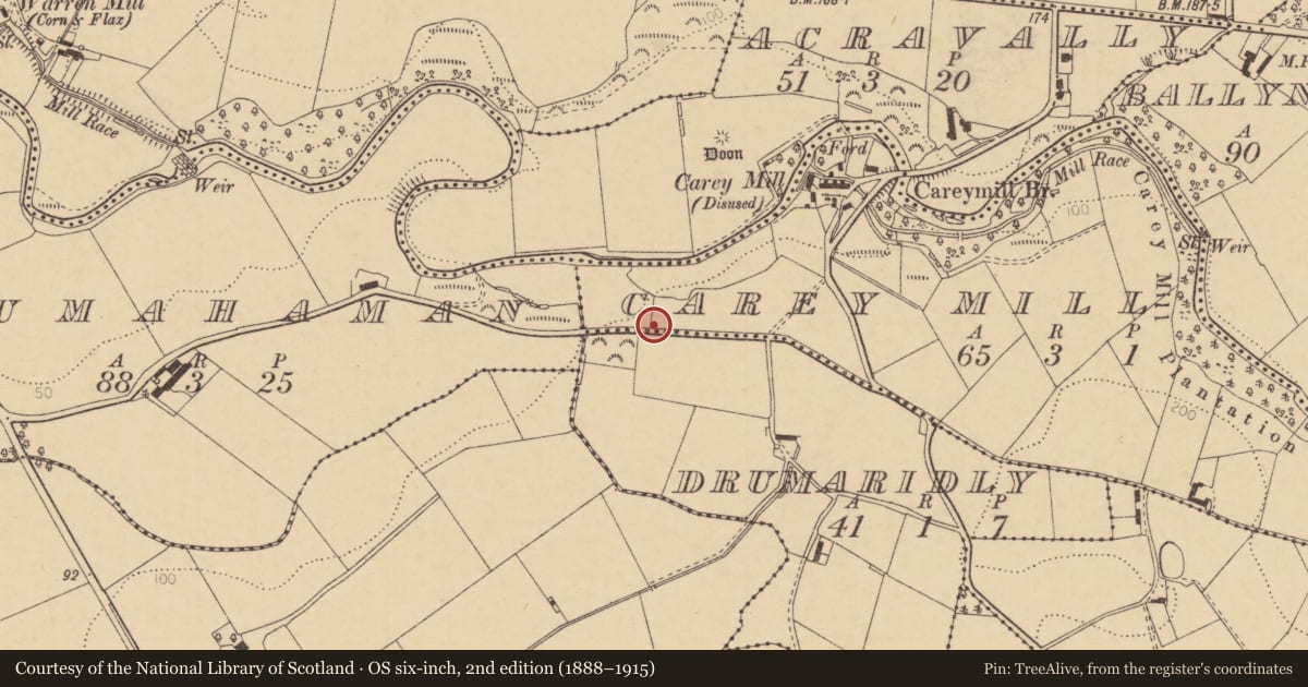 Ordnance Survey six-inch map, 2nd edition (1888–1915) covering the location of Water pump, Drumaridly, Causeway Coast and Glens, with a pin at the register's coordinates