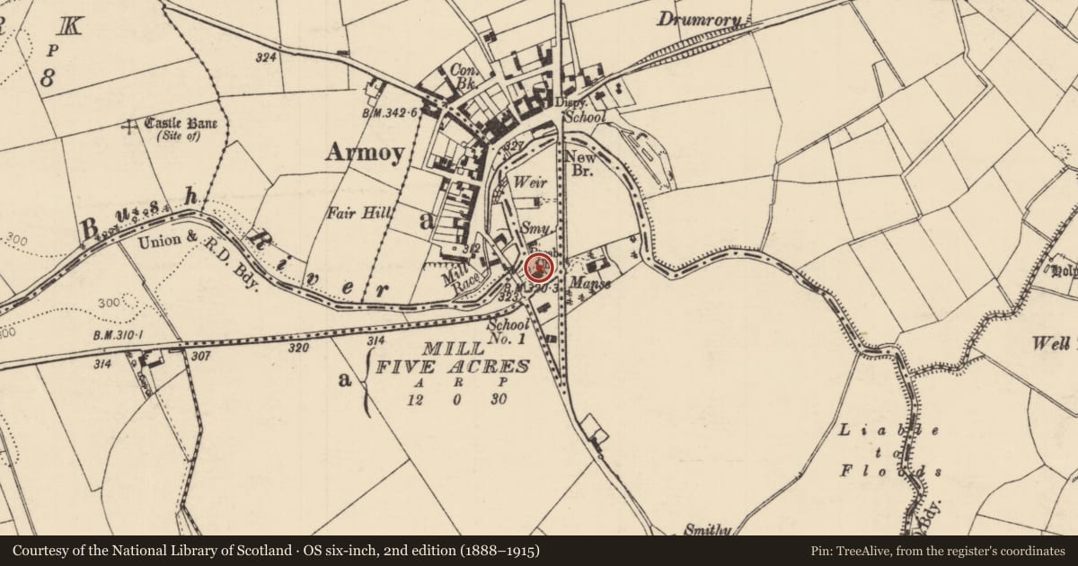 Ordnance Survey six-inch map, 2nd edition (1888–1915) covering the location of Armoy Presbyterian Church, Moyaver Lower, Causeway Coast and Glens, with a pin at the register's coordinates