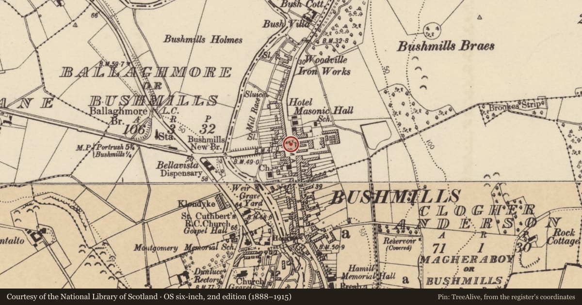 Ordnance Survey six-inch map, 2nd edition (1888–1915) covering the location of War Memorial, Clogher North, Causeway Coast and Glens, with a pin at the register's coordinates