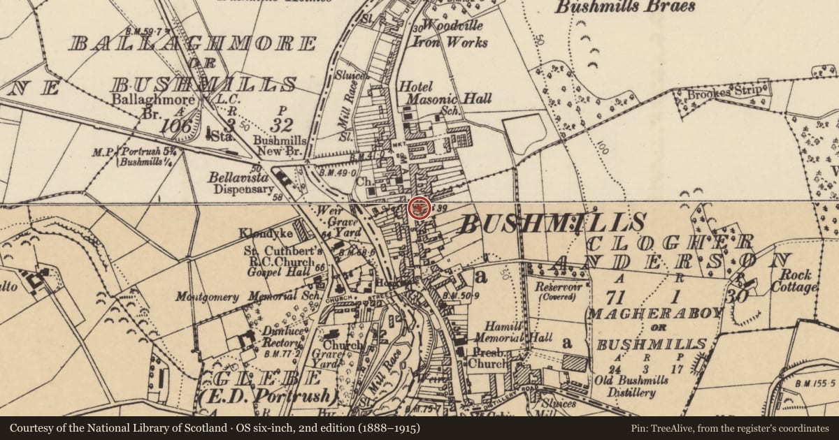 Ordnance Survey six-inch map, 2nd edition (1888–1915) covering the location of Former RUC Station, Magheraboy or Bushmills, Causeway Coast and Glens, with a pin at the register's coordinates