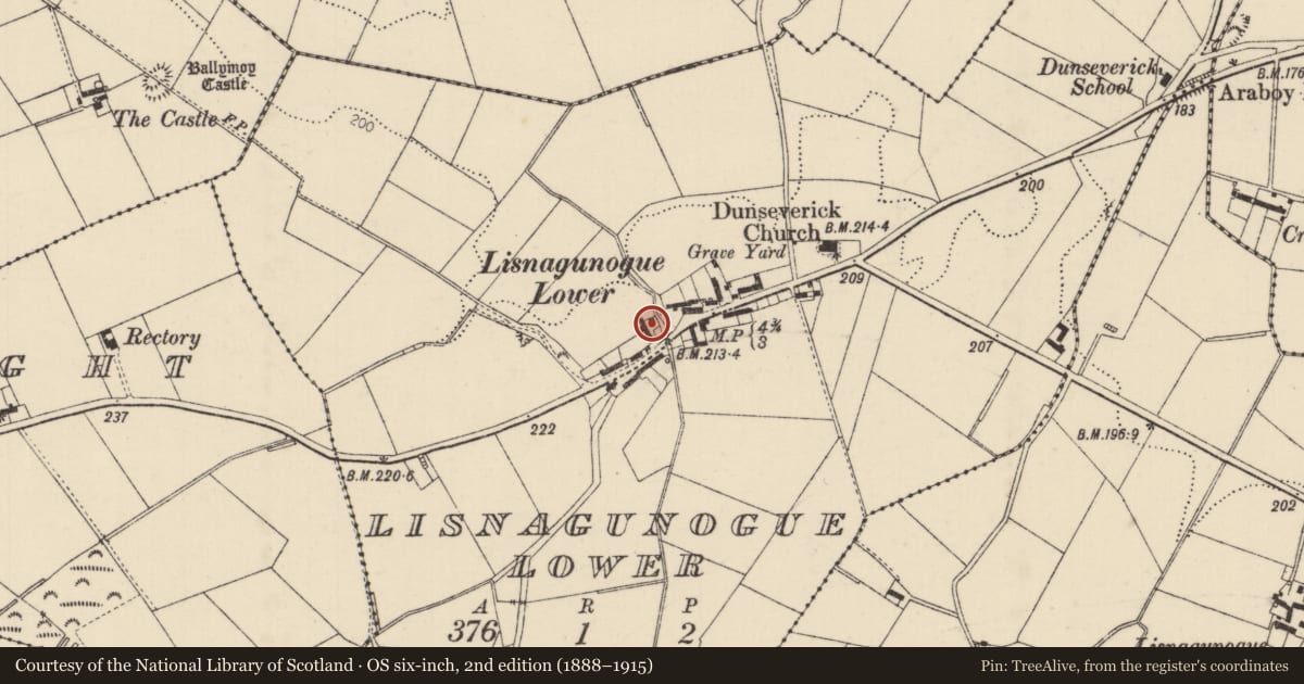 Ordnance Survey six-inch map, 2nd edition (1888–1915) covering the location of K6 Telephone Kiosk, Ballynastraid, with a pin at the register's coordinates