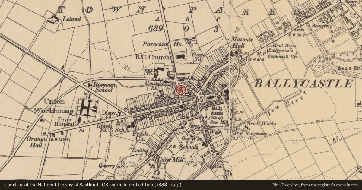 Ordnance Survey six-inch map, 2nd edition (1888–1915) covering the location of Store near northeast end of Clare Street, Ballycastle Town Parks, Causeway Coast and Glens, with a pin at the register's coordinates