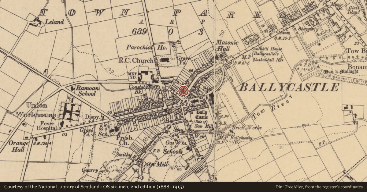 Ordnance Survey six-inch map, 2nd edition (1888–1915) covering the location of Ballycastle Credit Union, Ballycastle Town Parks, Causeway Coast and Glens, with a pin at the register's coordinates
