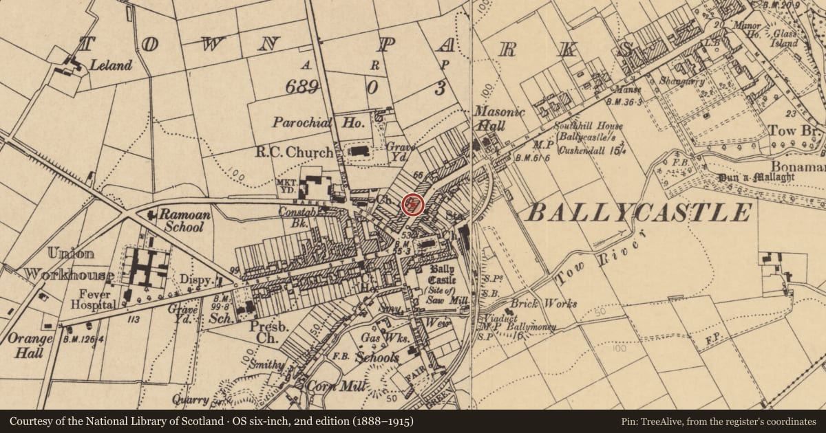 Ordnance Survey six-inch map, 2nd edition (1888–1915) covering the location of 12 Ann Street ('The Central Bar'), Ballycastle Town Parks, Causeway Coast and Glens, with a pin at the register's coordinates