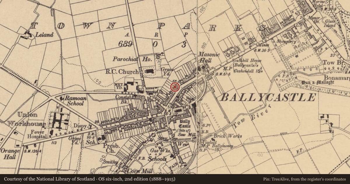Ordnance Survey six-inch map, 2nd edition (1888–1915) covering the location of Ulster Bank, Ballycastle Town Parks, Causeway Coast and Glens, with a pin at the register's coordinates