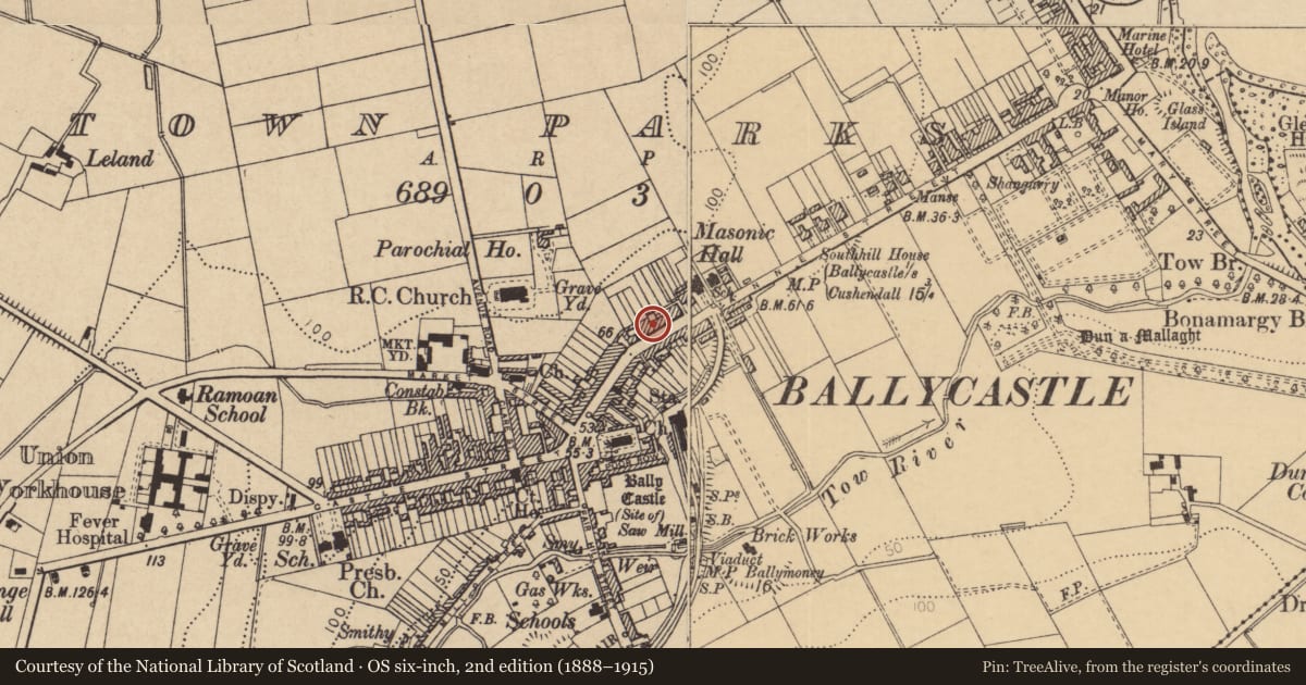 Ordnance Survey six-inch map, 2nd edition (1888–1915) covering the location of First Trust Bank, Ballycastle Town Parks, Causeway Coast and Glens, with a pin at the register's coordinates