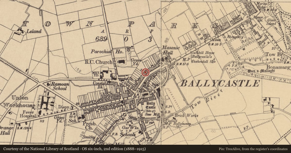 Ordnance Survey six-inch map, 2nd edition (1888–1915) covering the location of Northern Bank, Ballycastle Town Parks, Causeway Coast and Glens, with a pin at the register's coordinates