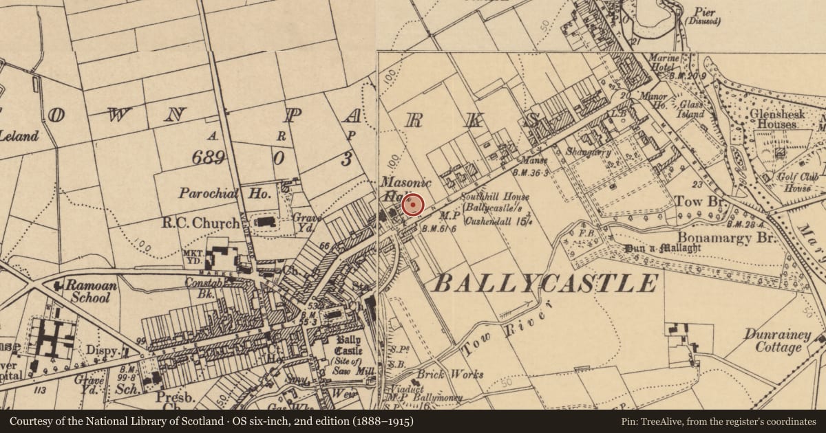Ordnance Survey six-inch map, 2nd edition (1888–1915) covering the location of Postbox, Town Parks, Causeway Coast and Glens, with a pin at the register's coordinates