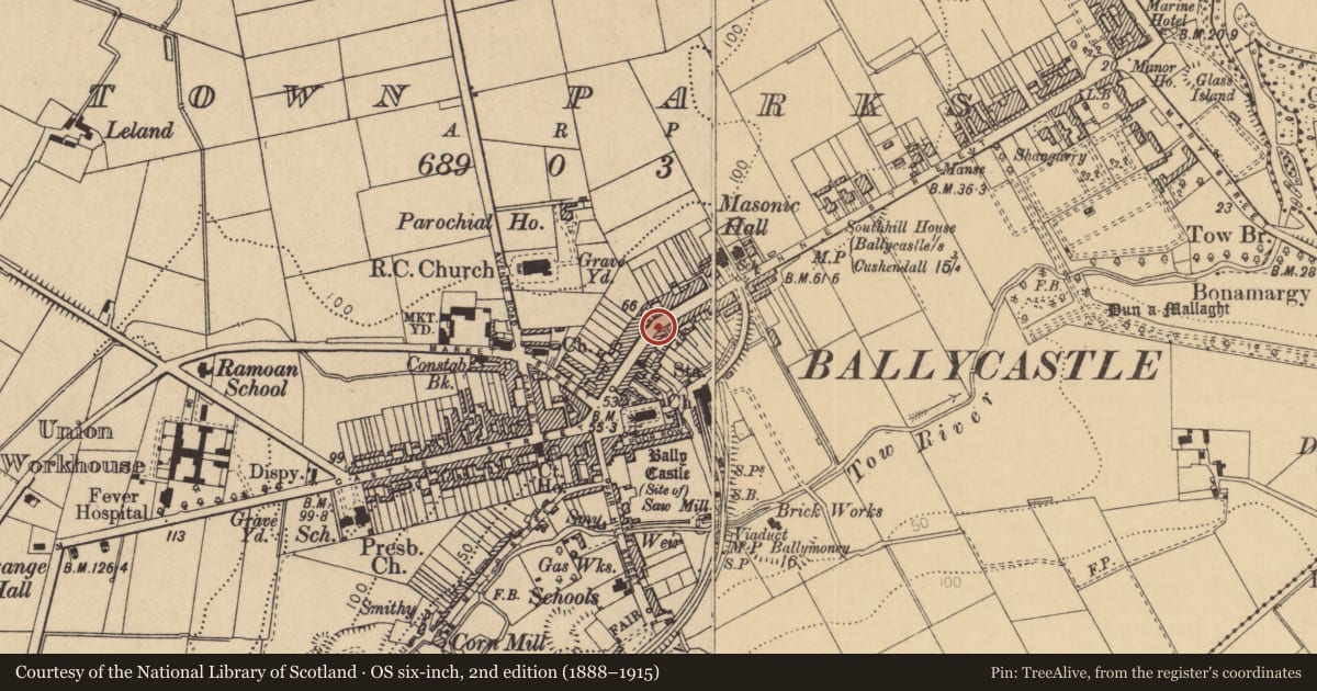 Ordnance Survey six-inch map, 2nd edition (1888–1915) covering the location of Post Box, Town Parks, Causeway Coast and Glens, with a pin at the register's coordinates