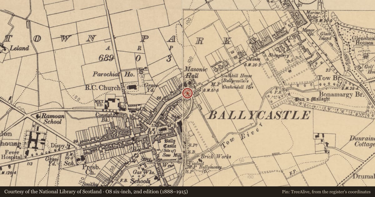 Ordnance Survey six-inch map, 2nd edition (1888–1915) covering the location of 59 Ann Street, Town Parks, Causeway Coast and Glens, with a pin at the register's coordinates