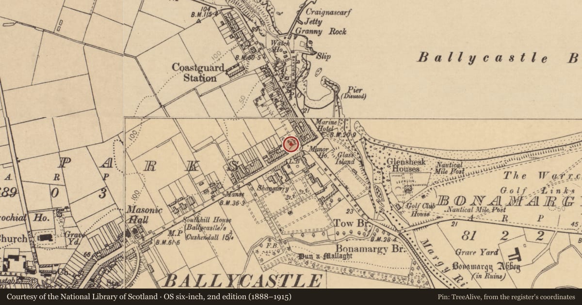 Ordnance Survey six-inch map, 2nd edition (1888–1915) covering the location of War Memorial, Town Parks, Causeway Coast and Glens, with a pin at the register's coordinates
