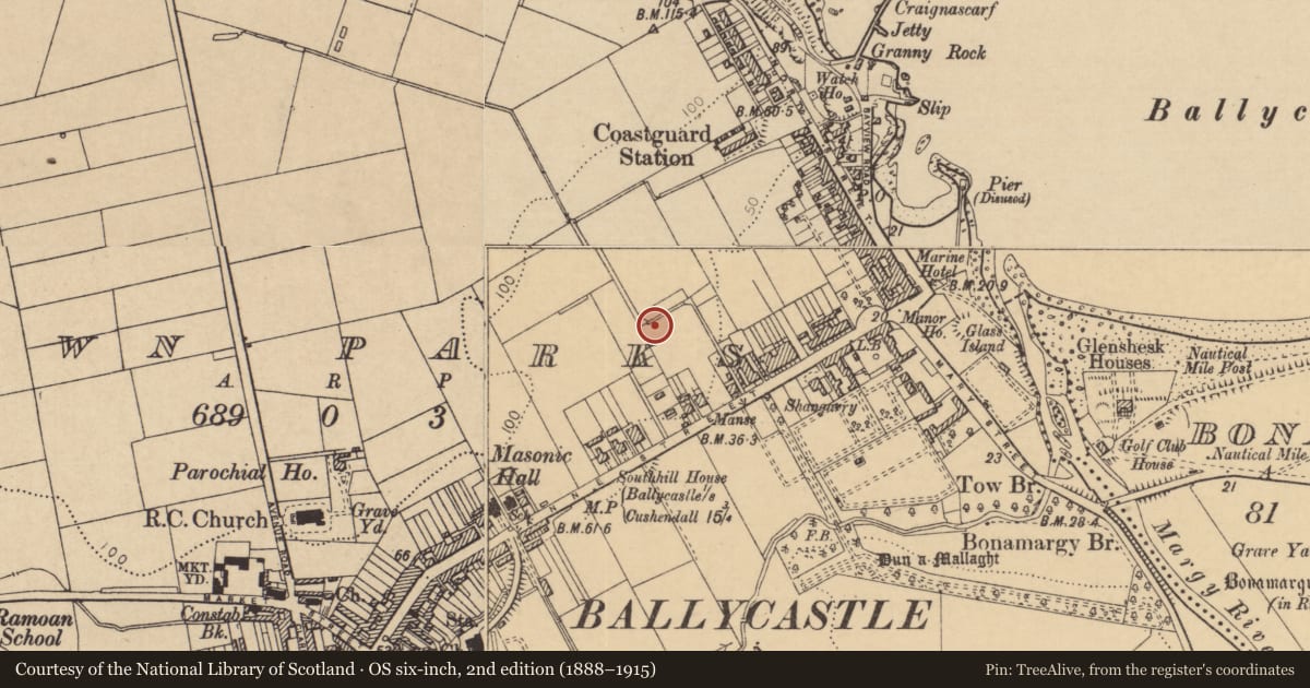 Ordnance Survey six-inch map, 2nd edition (1888–1915) covering the location of Silversprings House, Town Parks, Causeway Coast and Glens, with a pin at the register's coordinates