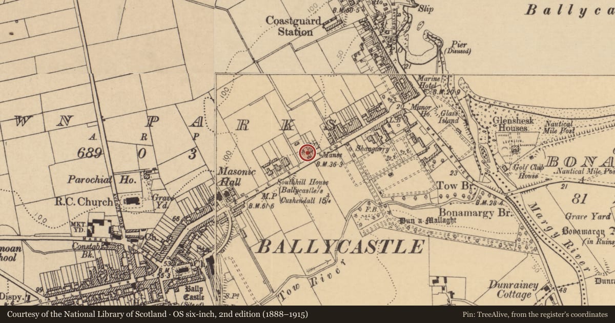 Ordnance Survey six-inch map, 2nd edition (1888–1915) covering the location of 22 Quay Road, Town Parks, Causeway Coast and Glens, with a pin at the register's coordinates