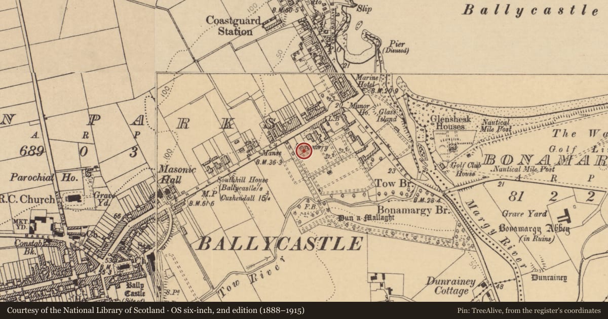 Ordnance Survey six-inch map, 2nd edition (1888–1915) covering the location of County Primary School, Town Parks, Causeway Coast and Glens, with a pin at the register's coordinates