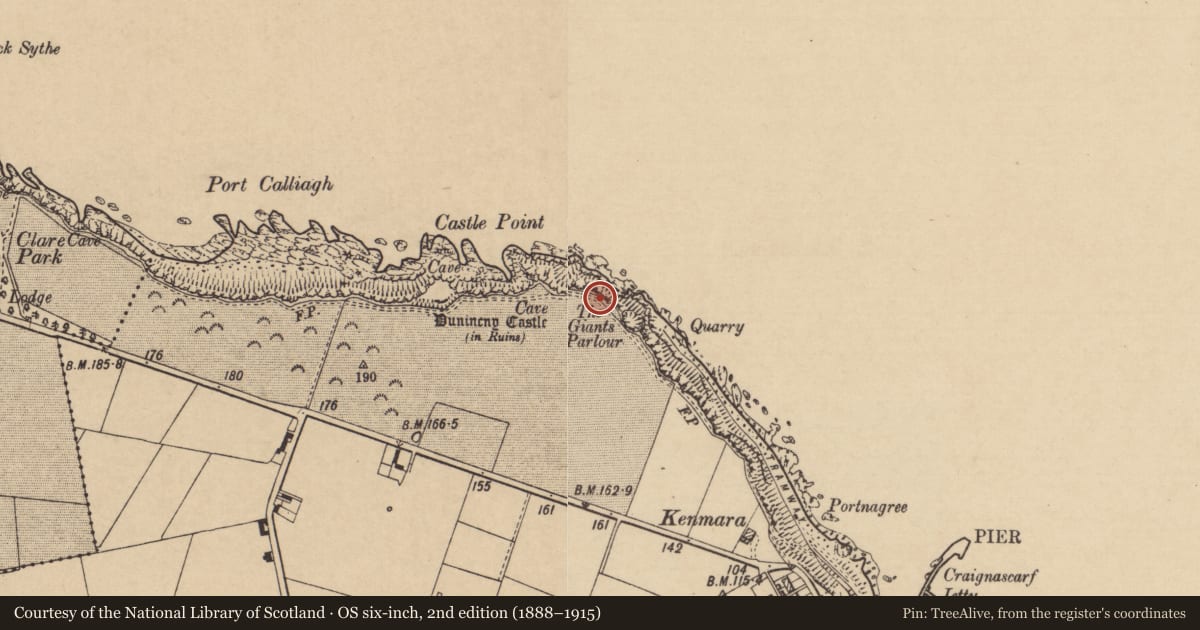 Ordnance Survey six-inch map, 2nd edition (1888–1915) covering the location of Coastguard Look-Out, Town Parks, Causeway Coast and Glens, with a pin at the register's coordinates