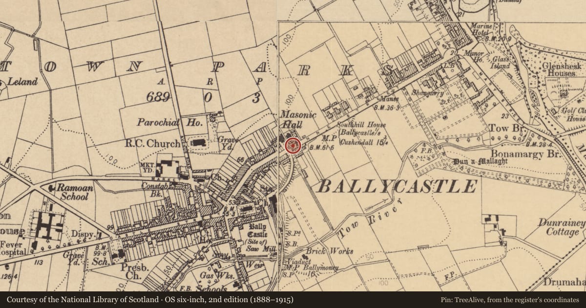 Ordnance Survey six-inch map, 2nd edition (1888–1915) covering the location of 61 Ann Street, Town Parks, Causeway Coast and Glens, with a pin at the register's coordinates
