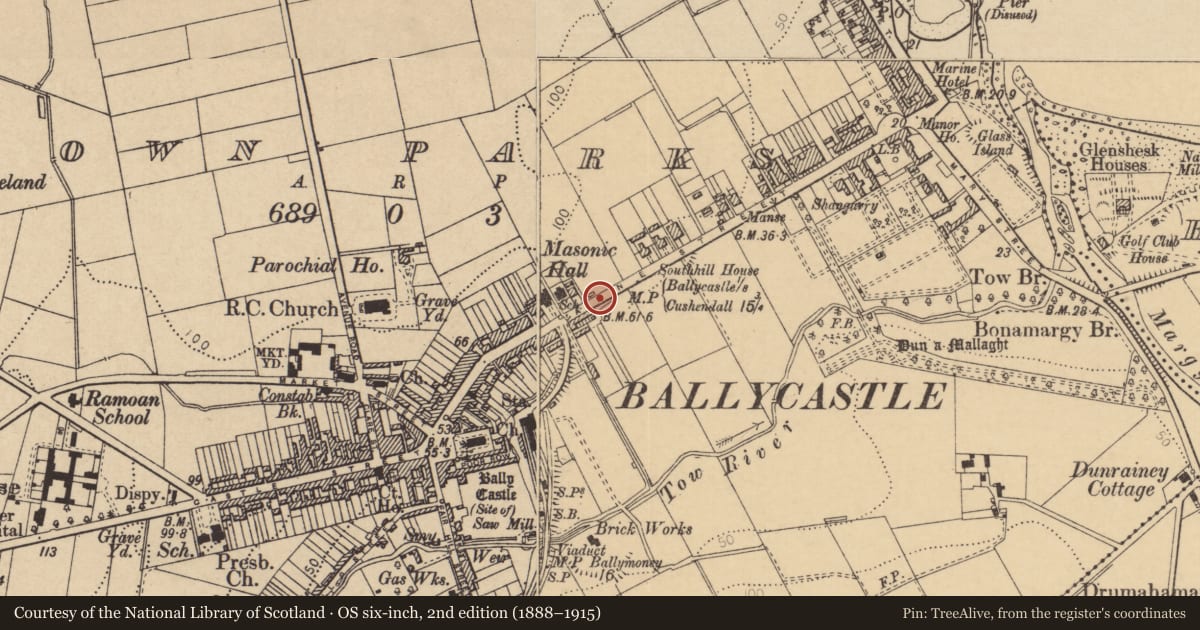 Ordnance Survey six-inch map, 2nd edition (1888–1915) covering the location of 75/77/79 Ann Street, Town Parks, Causeway Coast and Glens, with a pin at the register's coordinates