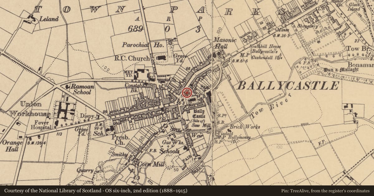 Ordnance Survey six-inch map, 2nd edition (1888–1915) covering the location of 11 The Diamond, Town Parks, Causeway Coast and Glens, with a pin at the register's coordinates