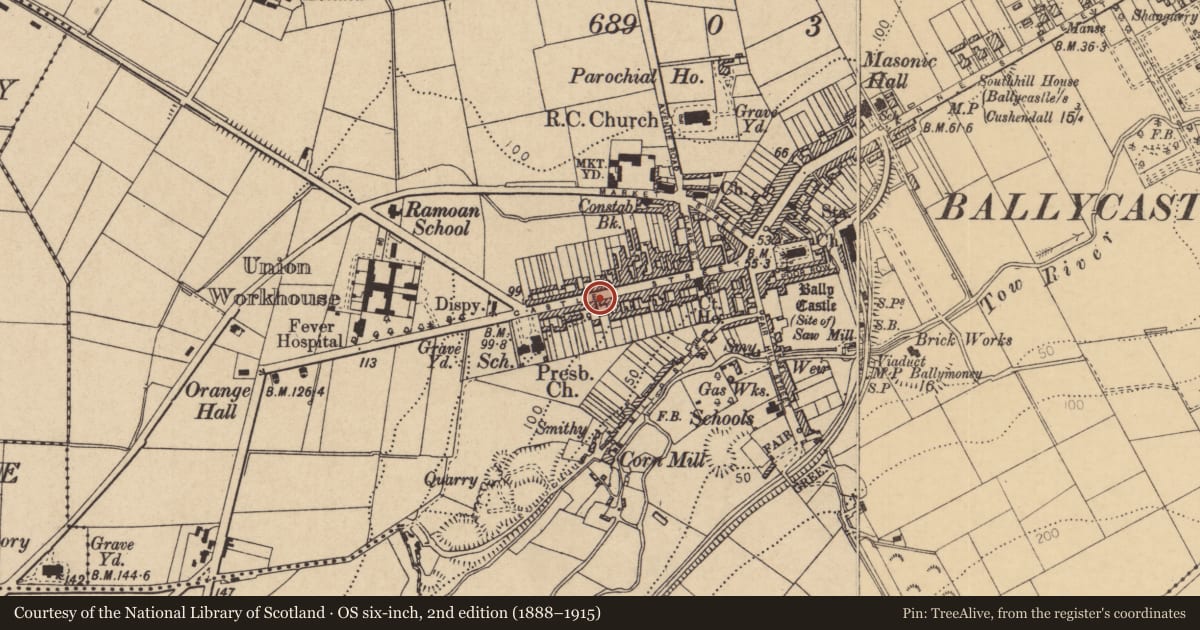 Ordnance Survey six-inch map, 2nd edition (1888–1915) covering the location of 27-29 Castle Street, Ballycastle Town Parks, Causeway Coast and Glens, with a pin at the register's coordinates