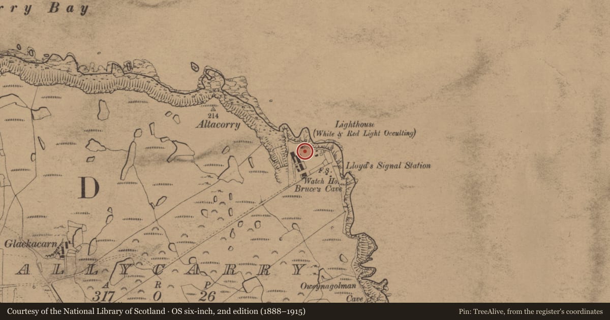 Ordnance Survey six-inch map, 2nd edition (1888–1915) covering the location of Lighthouse, fog signal buildings and structures, Ballycarry, Causeway Coast and Glens, with a pin at the register's coordinates