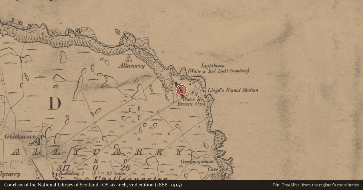 Ordnance Survey six-inch map, 2nd edition (1888–1915) covering the location of Lightkeeper's house, Ballycarry, Causeway Coast and Glens, with a pin at the register's coordinates