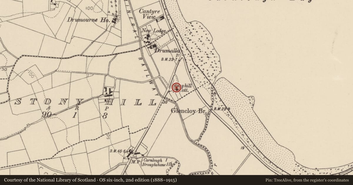 Ordnance Survey six-inch map, 2nd edition (1888–1915) covering the location of Stonyhill Cottage, Stony Hill, Mid and East Antrim, with a pin at the register's coordinates