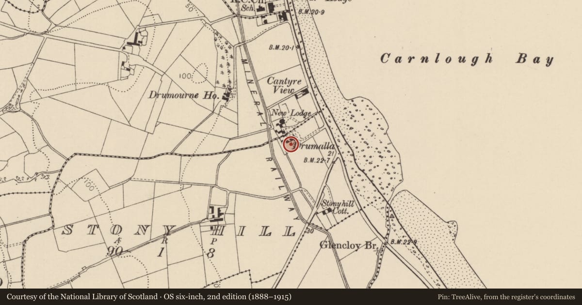 Ordnance Survey six-inch map, 2nd edition (1888–1915) covering the location of Drumalla House, Stony Hill, Mid and East Antrim, with a pin at the register's coordinates