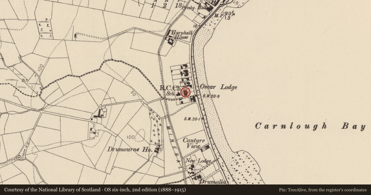 Ordnance Survey six-inch map, 2nd edition (1888–1915) covering the location of Former St John’s Roman Catholic Church, Harphall, Mid and East Antrim, with a pin at the register's coordinates