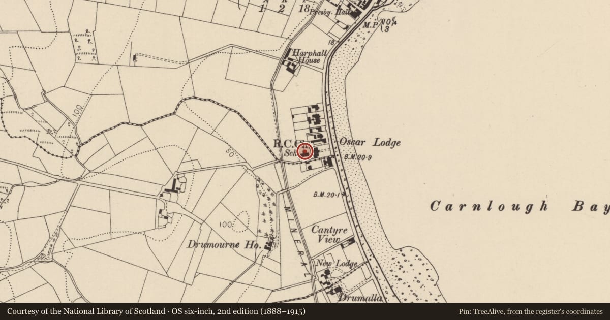 Ordnance Survey six-inch map, 2nd edition (1888–1915) covering the location of St John’s School, Harphall, Mid and East Antrim, with a pin at the register's coordinates